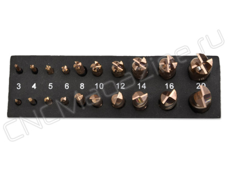 Набор концевых фрез по металлу 20 шт, тверд. сплав, D: 3, 4, 5, 6, 8, 10, 12, 14, 16, 20 мм, Z-4