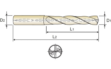 Сверло твердосплавное Dream Drill Inox 3XD DIN 6537 с покрытием TiAlN с отверстиями для подвода СОЖ укороченное, 4.9X6X28X66