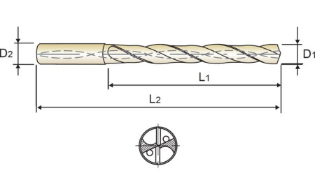 Сверло твердосплавное Dream Drill Inox 5XD DIN 6537 с покрытием TiAlN с отверстиями для подвода СОЖ удлиненное, 3.4X6X28X66